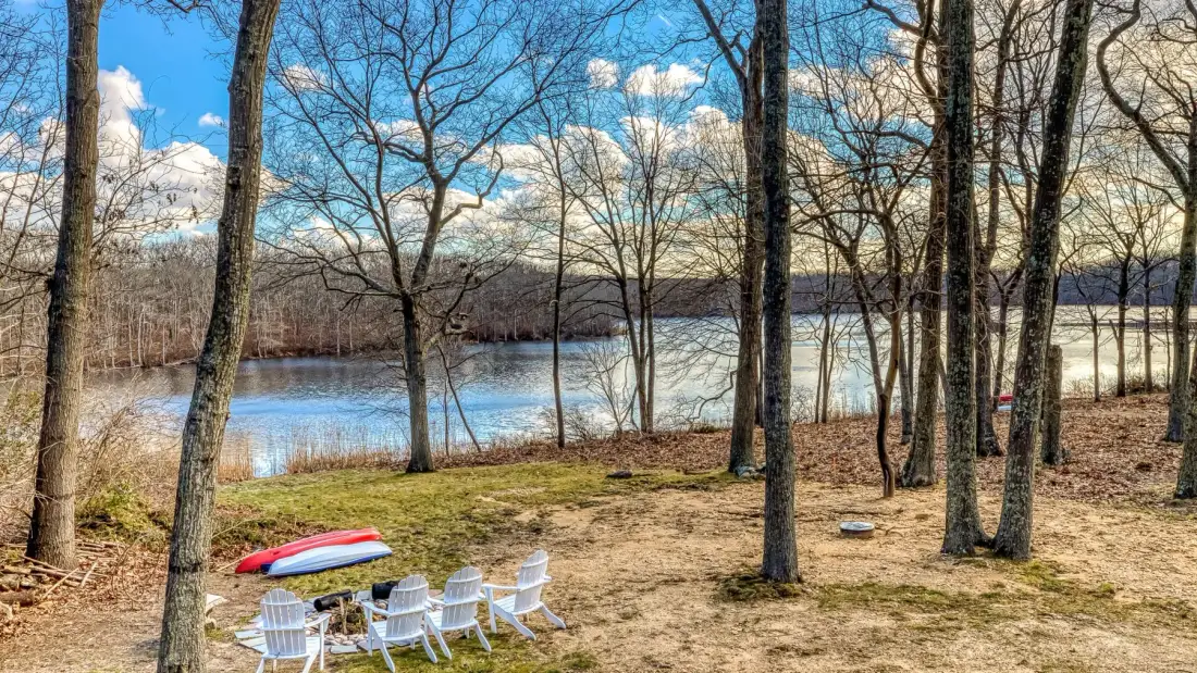Una zona de estar al aire libre junto al lago, entre árboles sin hojas.