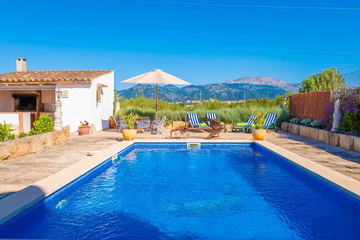 A swimming pool fills a sunny terrace, with lounge seating and mountains in the distance.