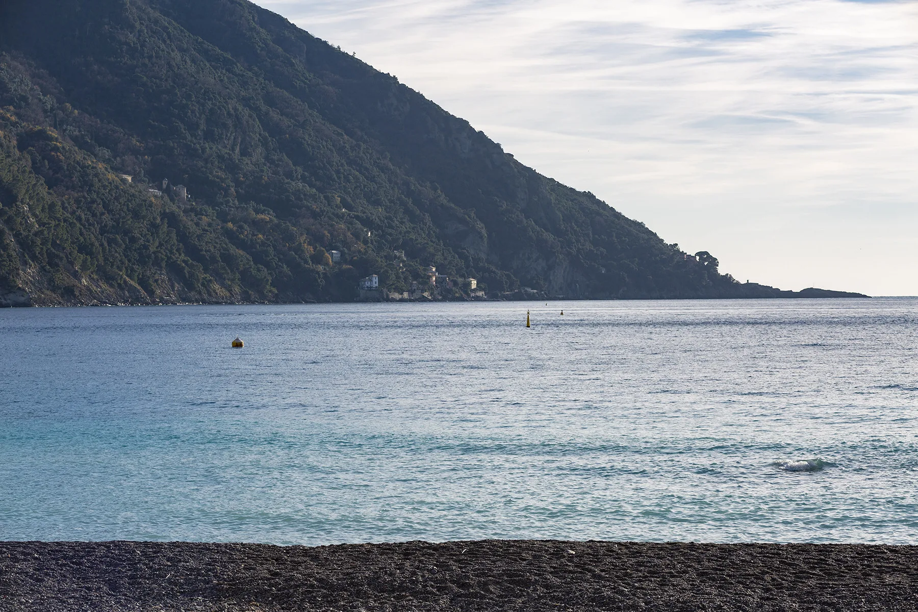 Una orilla tranquila con playa de guijarros, agua clara y una montaña boscosa al fondo.