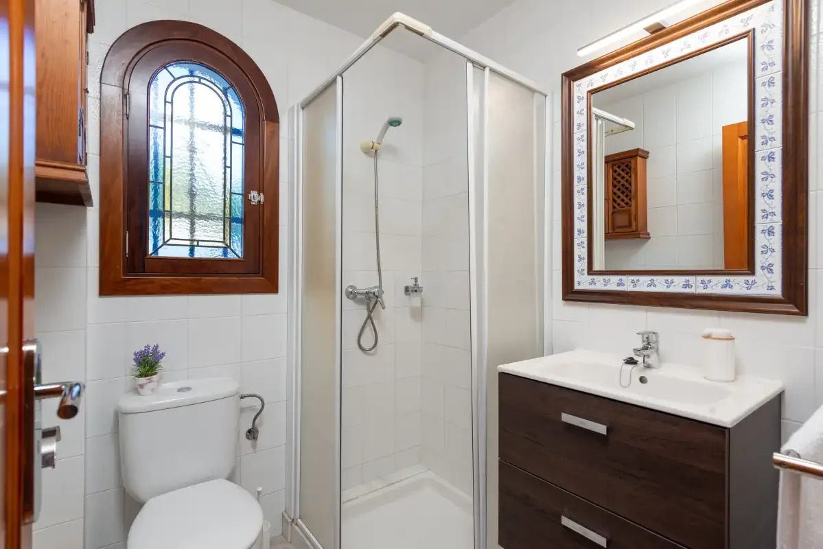 Baño con ducha, inodoro y mueble de lavabo de madera.