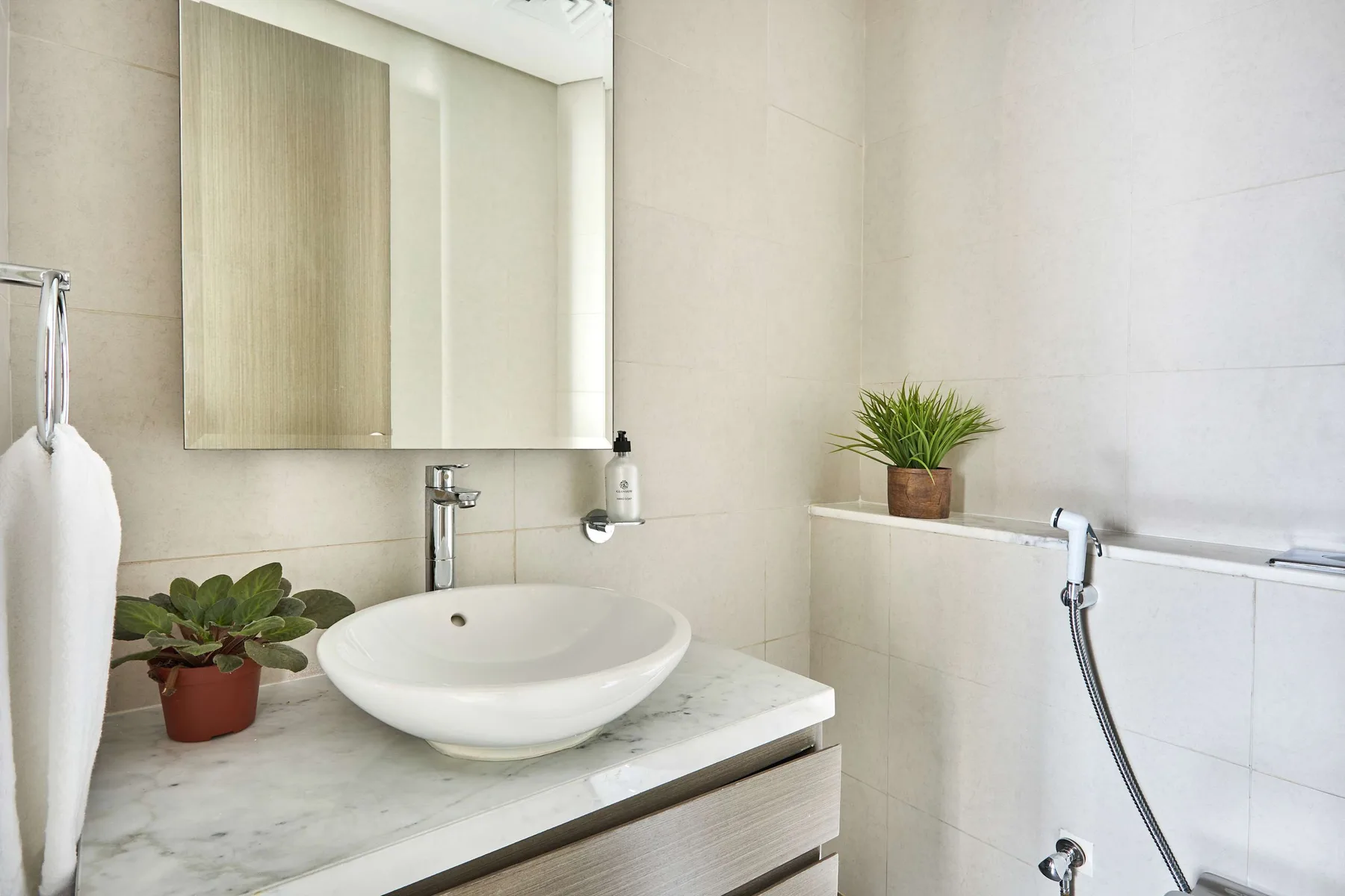 Baño con lavabo, encimera y ducha de mano.