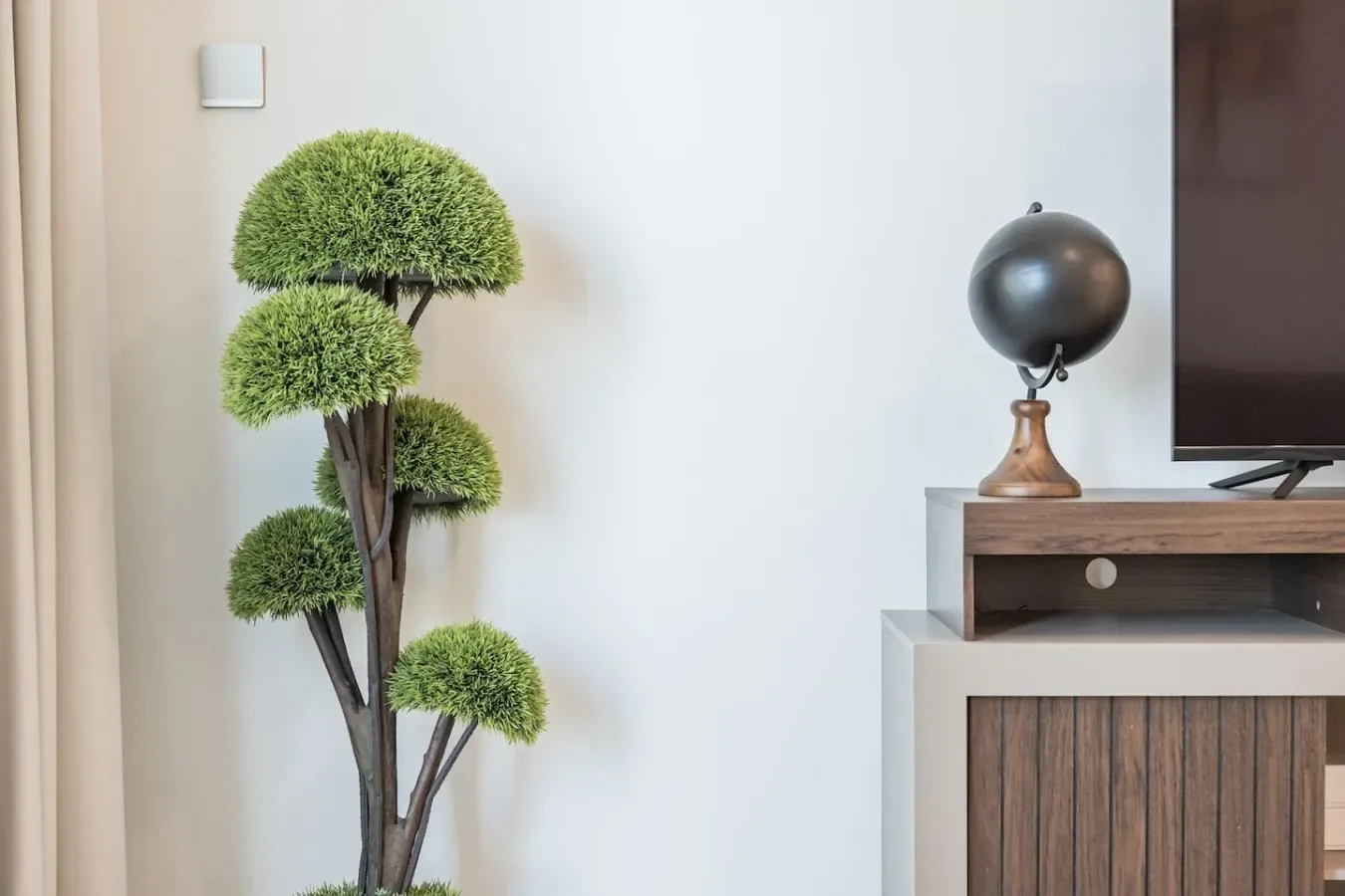 Una esquina de sala de estar con un árbol decorativo junto a un mueble para televisión.