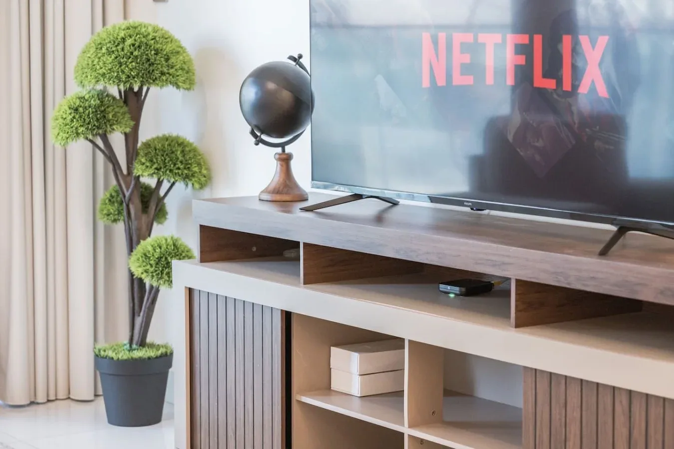 Un televisor está sobre un mueble de madera, junto a un árbol en maceta y un globo.