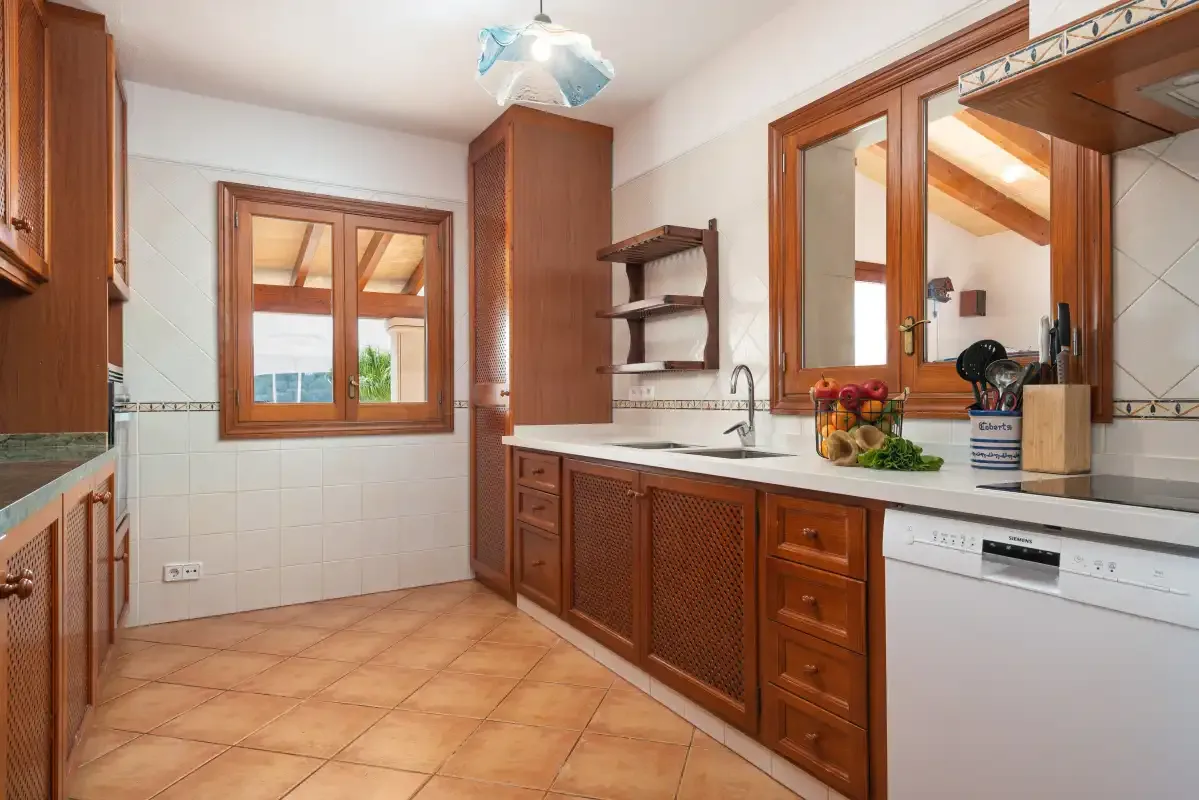 A kitchen with wooden cabinets, a countertop, and a window.