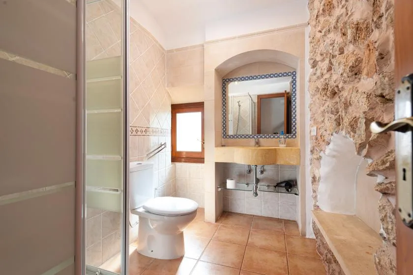 A tiled bathroom with a toilet, sink, and wall mirror.