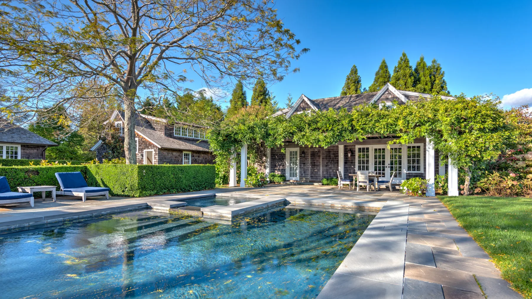 Una piscina exterior junto a una casa cubierta de enredaderas y una zona pavimentada con asientos.