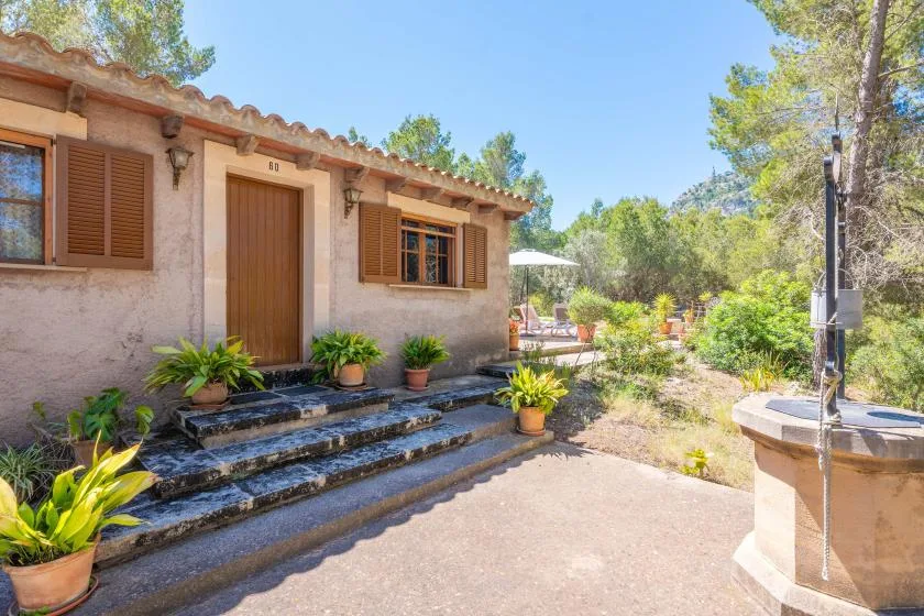 A stone house entrance opens onto a paved path, with potted plants beside the steps.