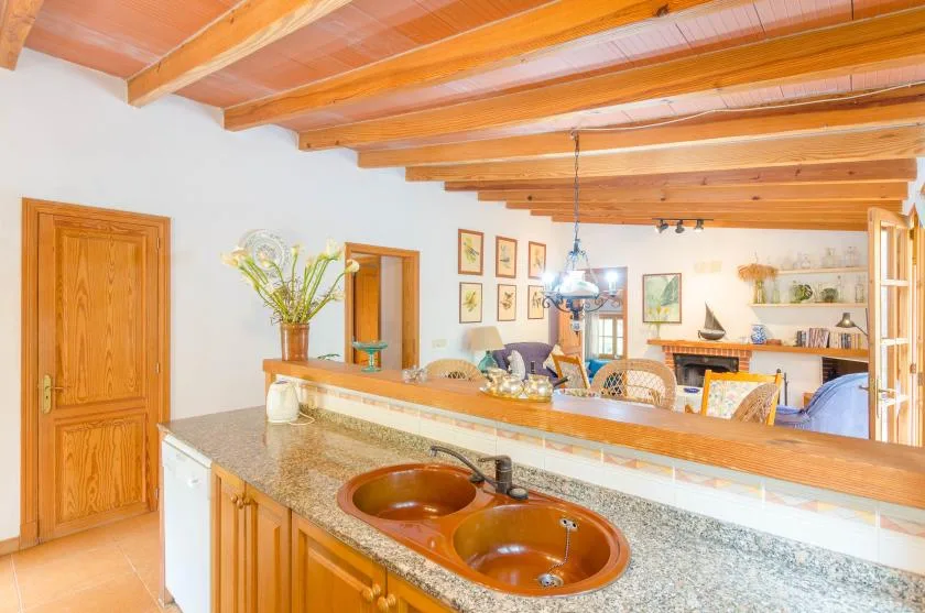 A kitchen with a double-basin sink and a counter opening toward a dining area.