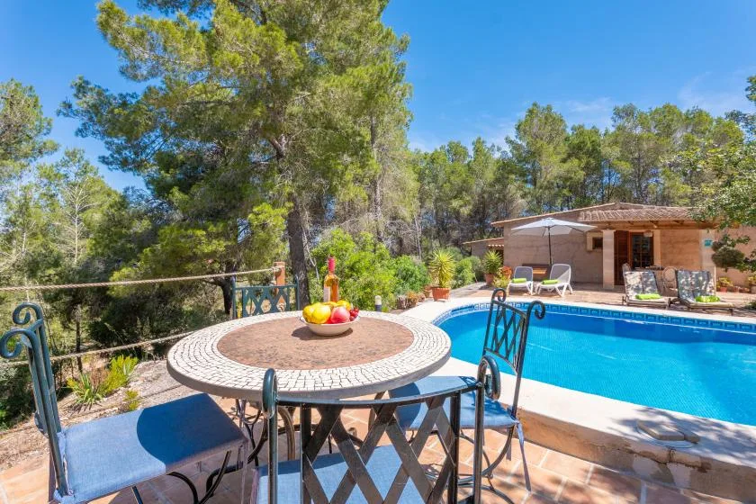 An outdoor pool beside a round patio table, surrounded by trees.