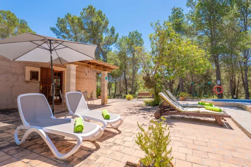 A sunny outdoor patio with lounge seating beside a small pool and surrounding trees.