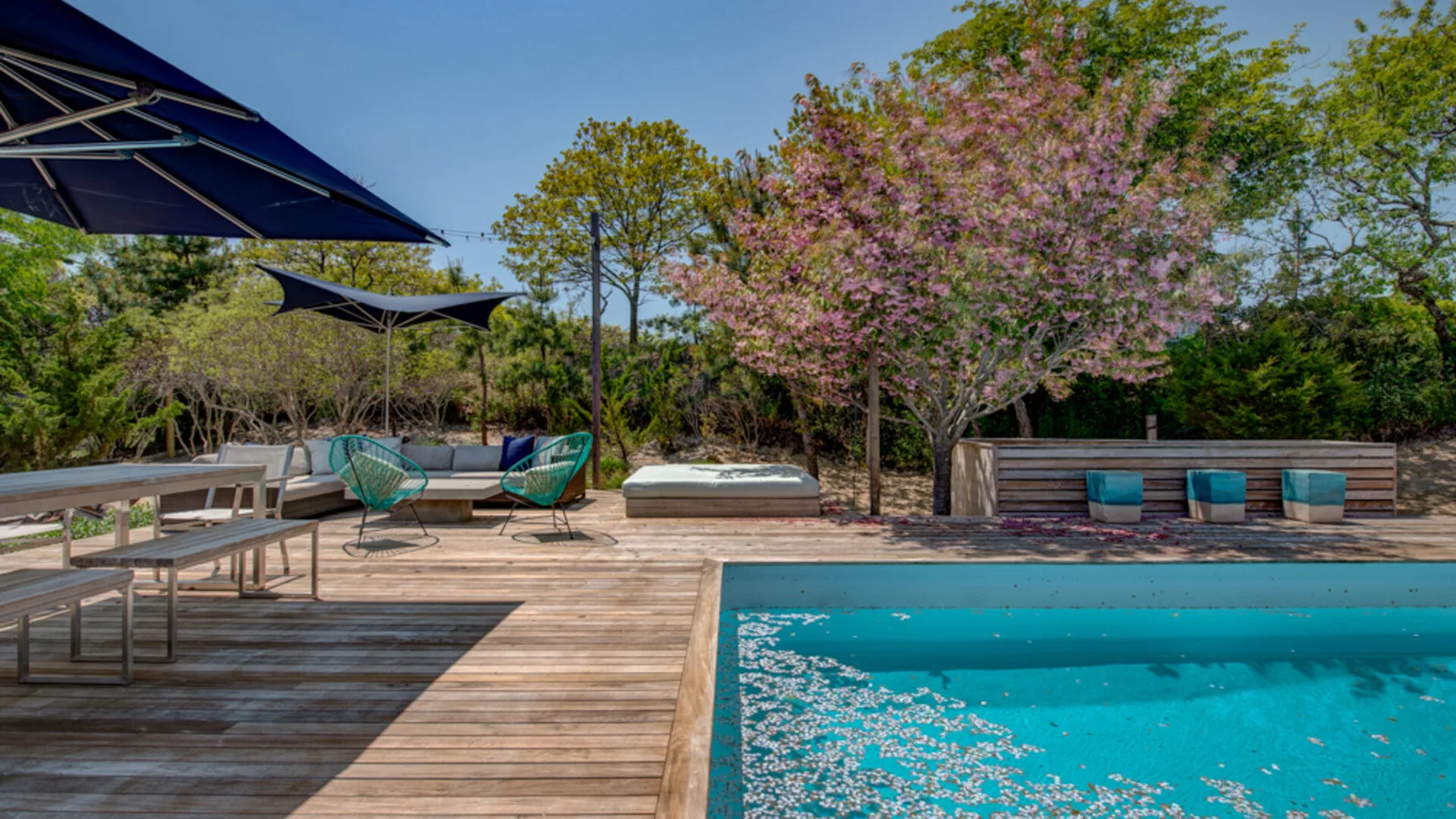 An outdoor swimming pool beside a wooden deck, lounge seating, and flowering trees.