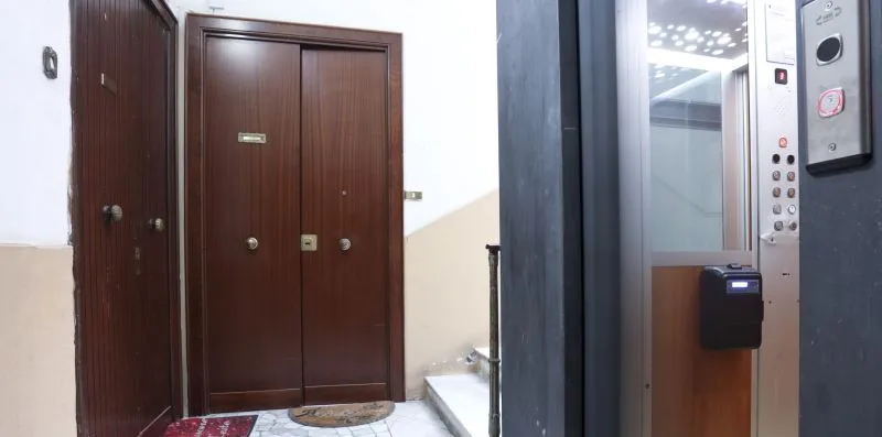 A hallway with dark wooden doors and an elevator entrance.