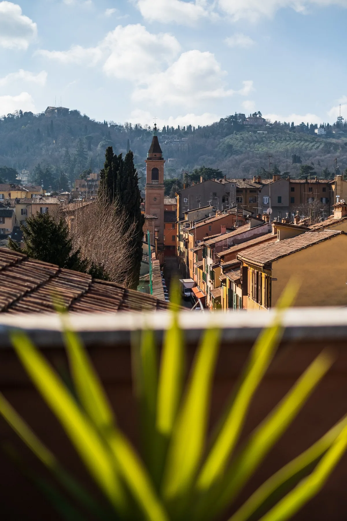 A cityscape of tiled rooftops and a bell tower, with wooded hills in the distance.