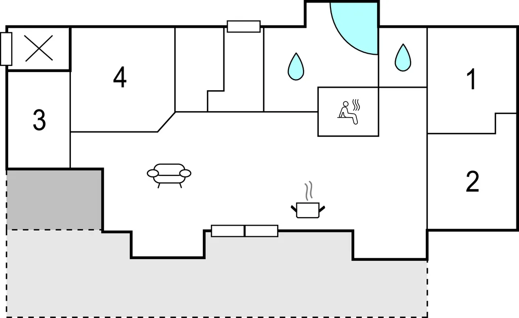 Un plano en blanco y negro muestra varias habitaciones numeradas alrededor de un espacio central abierto.