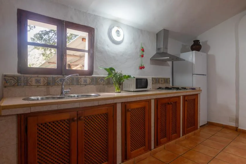 A kitchen with a long counter, sink, and wooden cabinets.