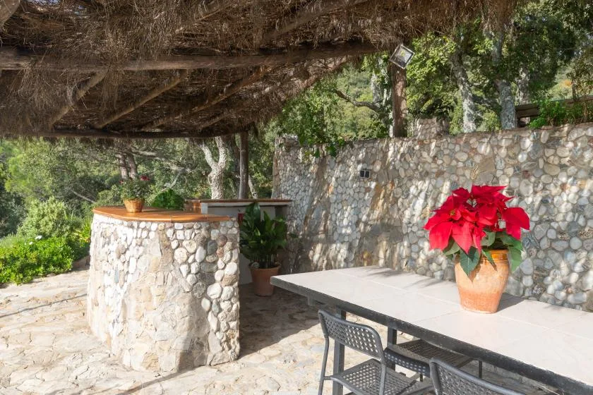 A shaded outdoor patio features a stone counter, table, and potted red flowers.