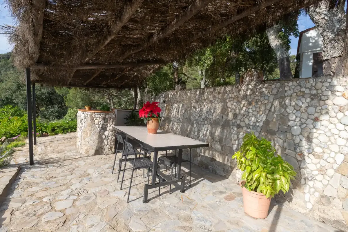 A shaded stone patio has a dining table, seating, and potted plants.
