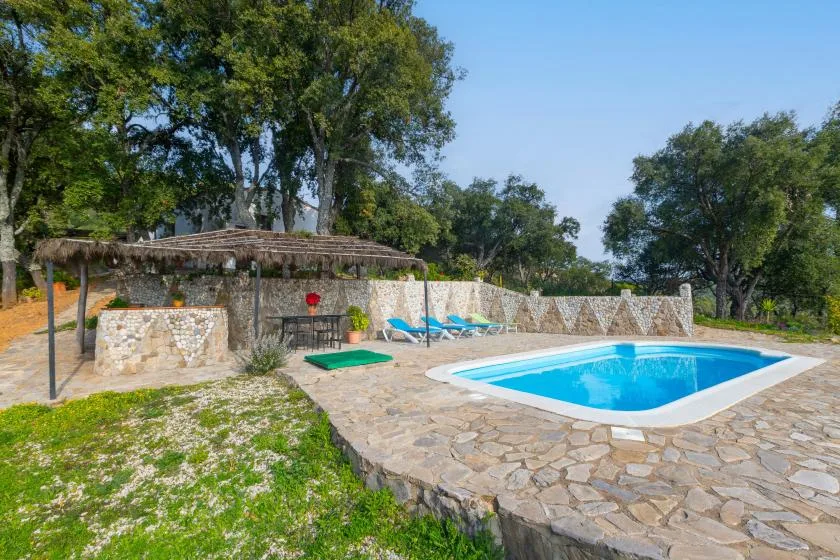 An outdoor swimming pool sits beside a stone terrace and shaded seating area.