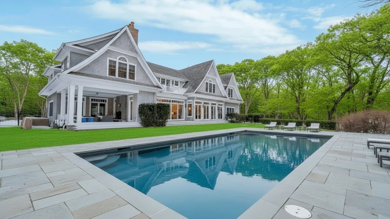 Una casa grande está junto a una piscina y un patio pavimentado.