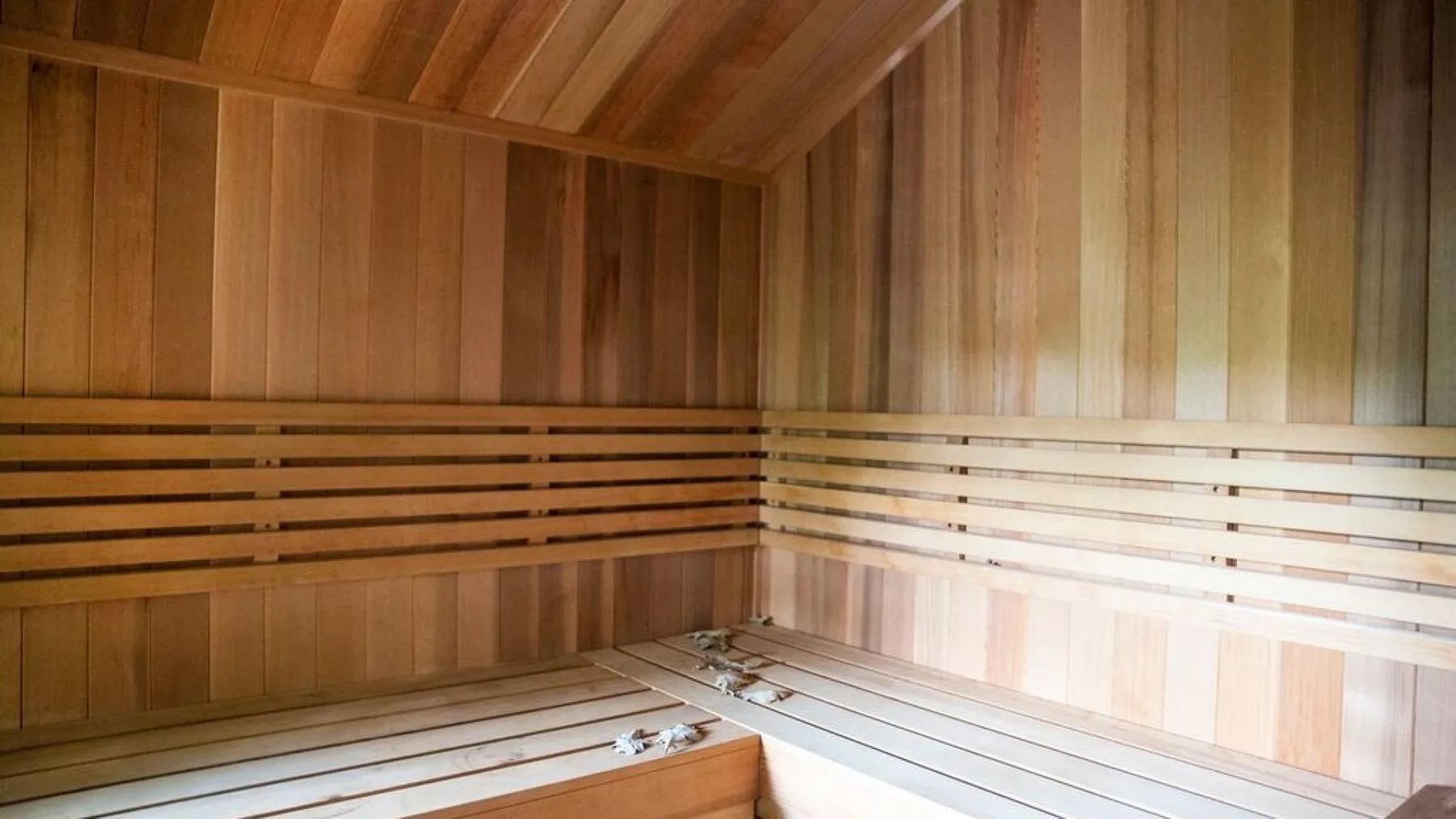 Una sauna revestida de madera con asientos escalonados junto a las paredes.