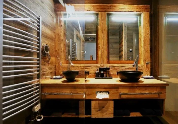 Bathroom vanity with two sinks.