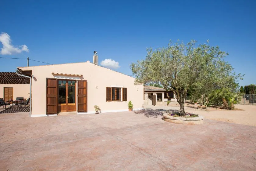 A single-story house opens onto a broad paved courtyard with a tree.