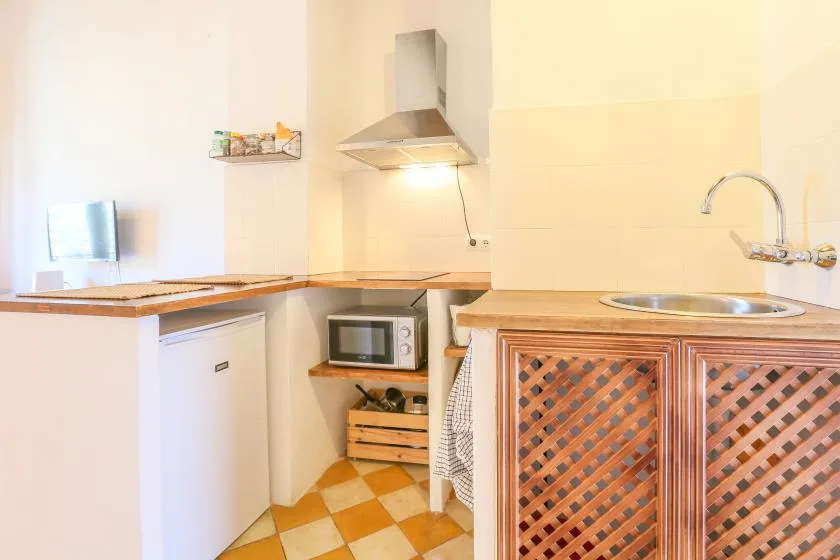 A bright kitchen with a countertop, sink, and built-in oven.