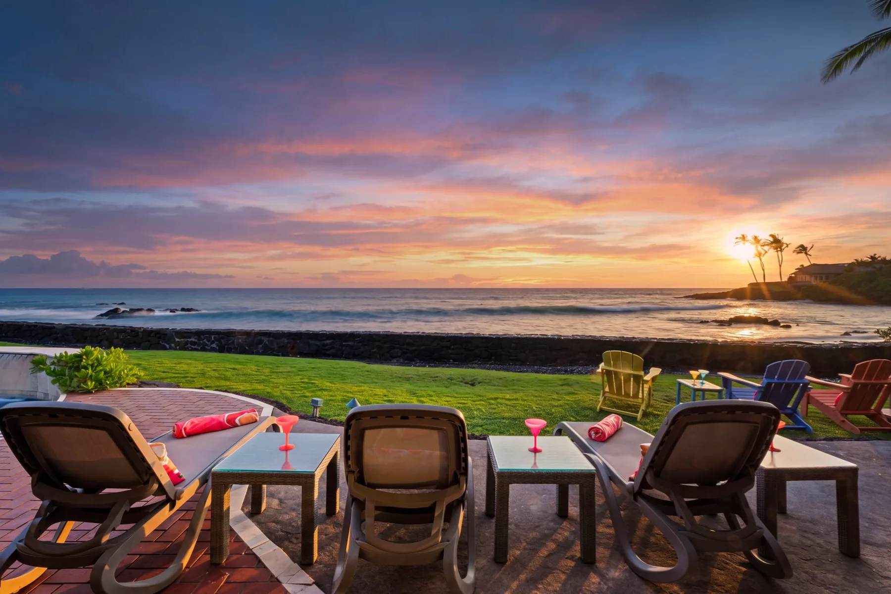 Un espacio de estar al aire libre mira al mar al atardecer, con bebidas sobre las mesas.