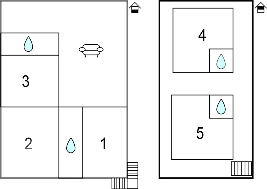 A black-and-white floor plan diagram labels rooms 1 through 5.
