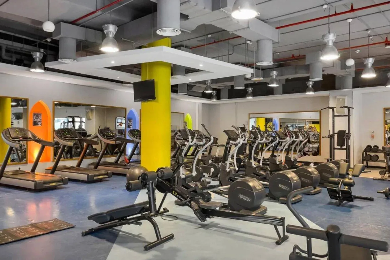 Un gimnasio con máquinas de ejercicio y pesas libres.
