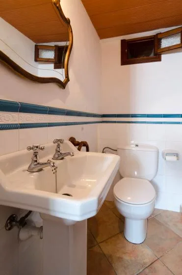 Un baño con lavabo de pedestal e inodoro bajo un techo revestido de madera.