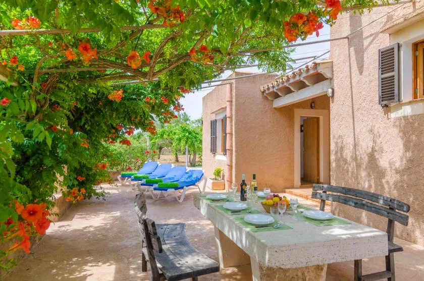 Una zona de comedor al aire libre, con una mesa junto a una enredadera florida.