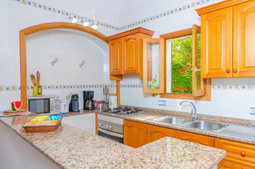 Una cocina luminosa con gabinetes de madera, una encimera y una ventana con vistas a la vegetación.