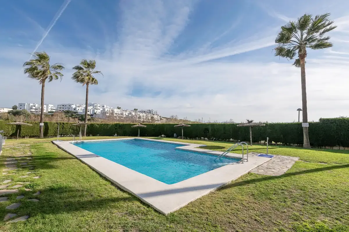 Una piscina al aire libre está en un jardín con césped y palmeras.