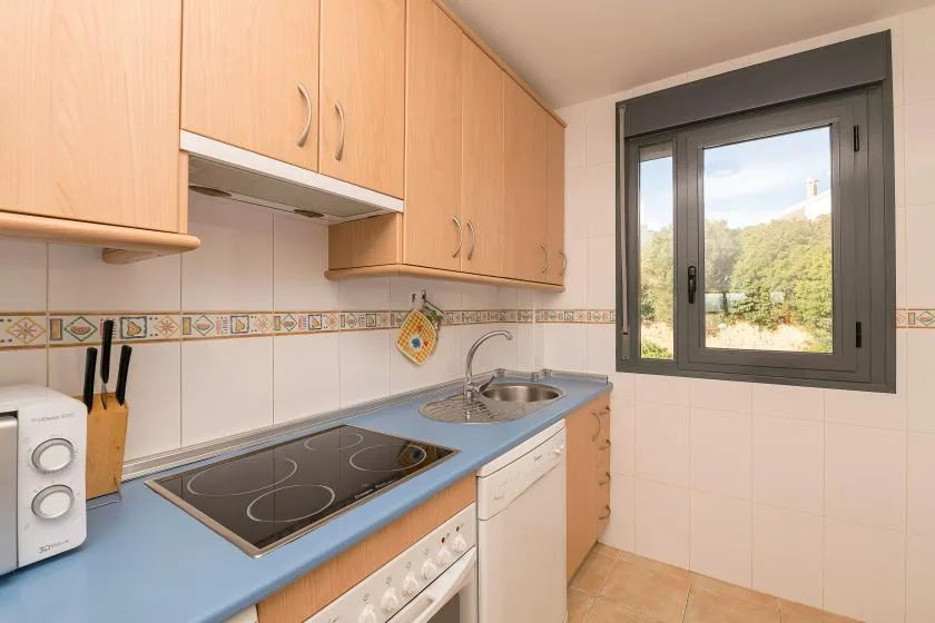Una cocina con gabinetes de madera, una placa de cocina y una ventana con vistas a la vegetación.