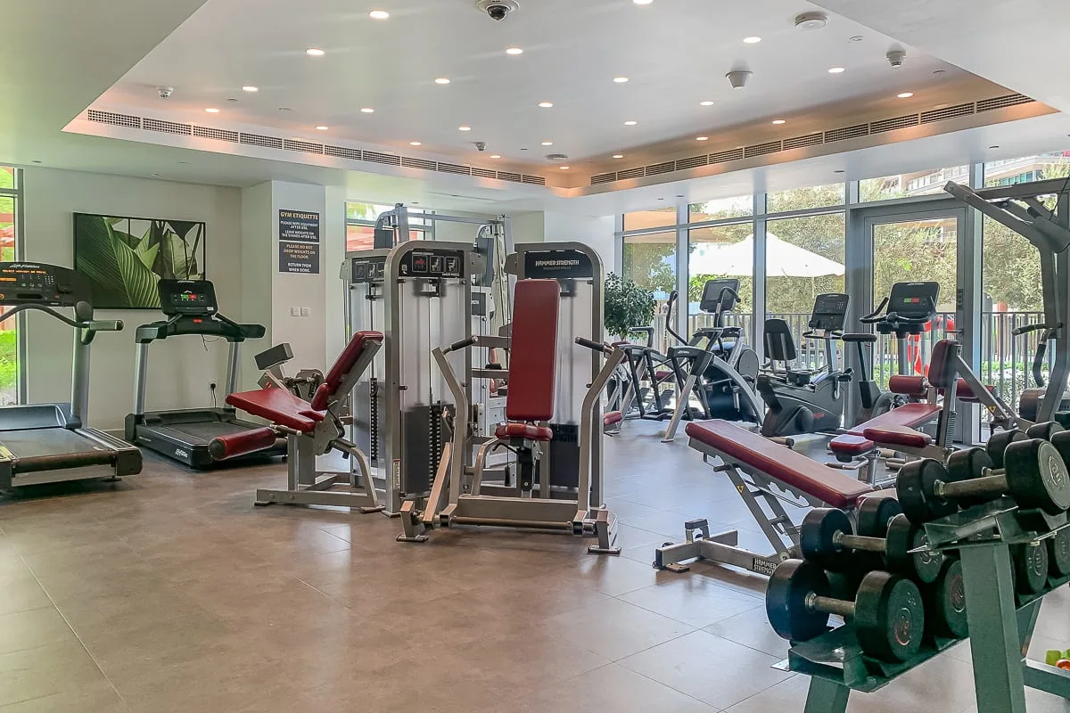 Un gimnasio con máquinas de ejercicio, bancos de pesas y mancuernas junto a las ventanas.