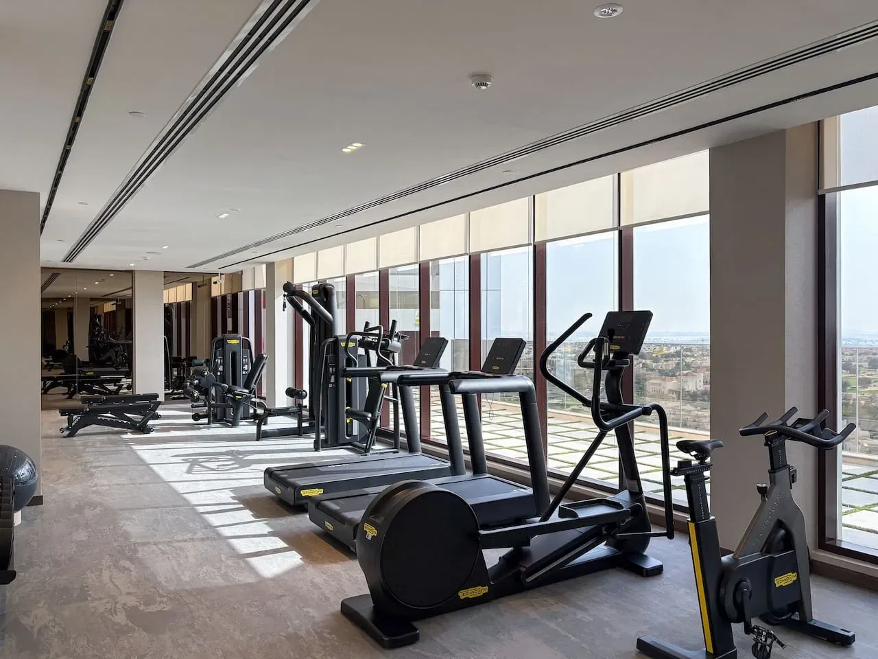 A gym with cardio machines arranged beside large windows.