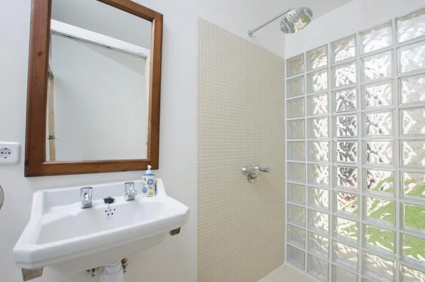 A bathroom with a wall-mounted sink, mirror, and glass-block shower wall.