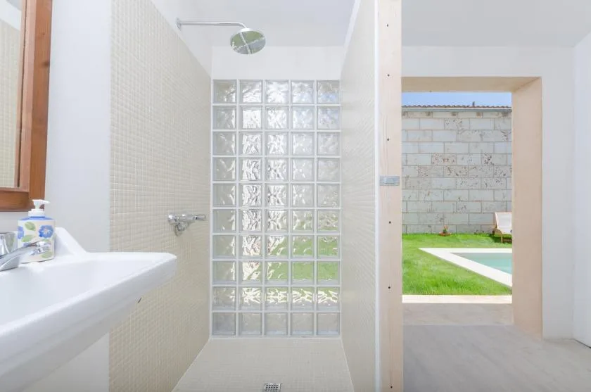 A bright bathroom with a shower beside a glass-block partition.