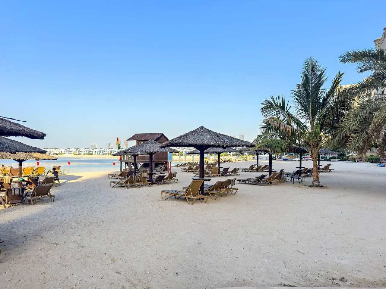 Una zona de playa arenosa tiene mesas a la sombra, tumbonas y palmeras.