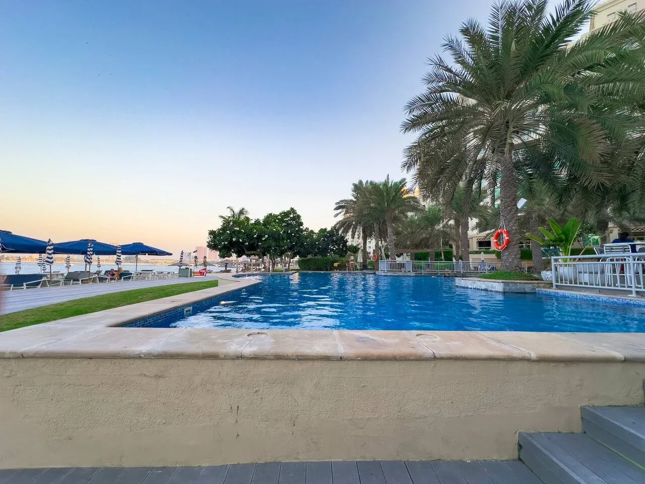 A swimming pool beside a palm-lined waterfront at dusk.