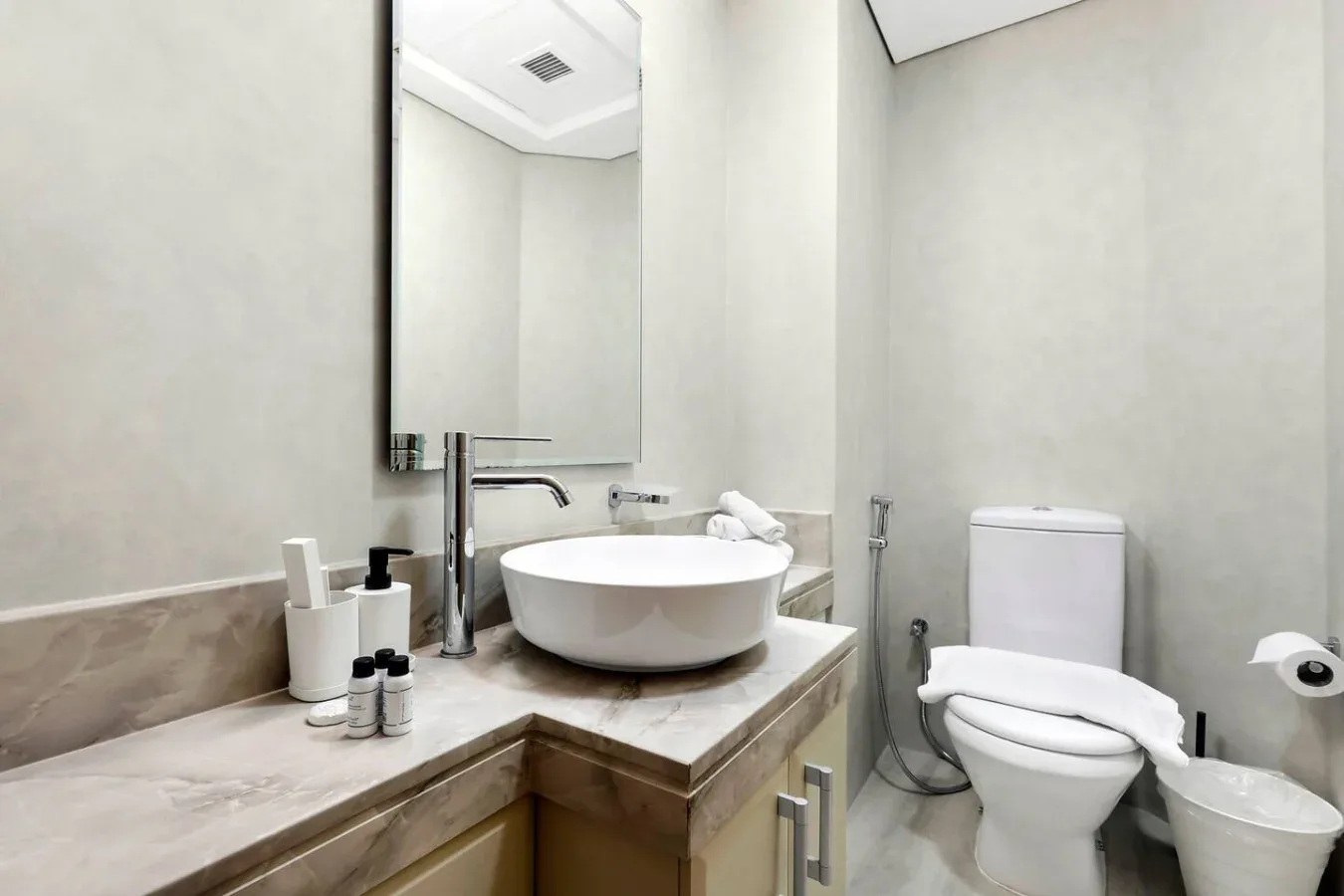 A bathroom with a sink, mirror, toilet, and bidet sprayer.
