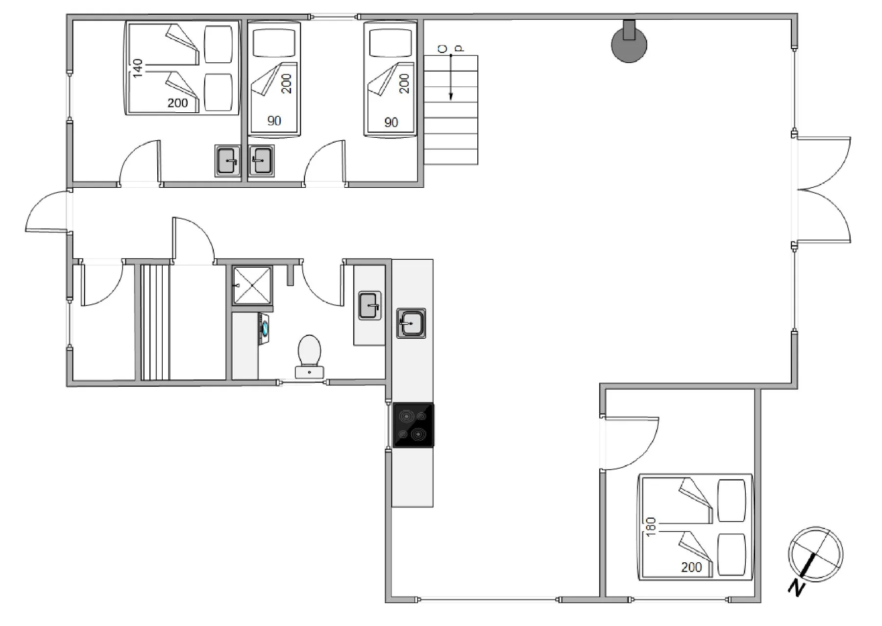 A floor plan shows several sleeping areas, a bathroom, and a large open room.