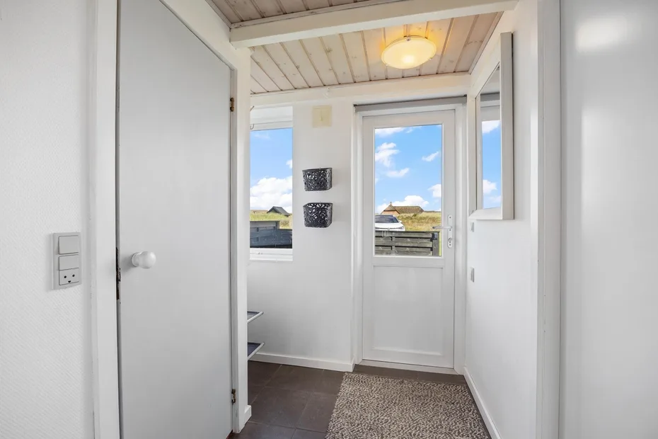 A bright entryway with a glass-paneled door and narrow windows.