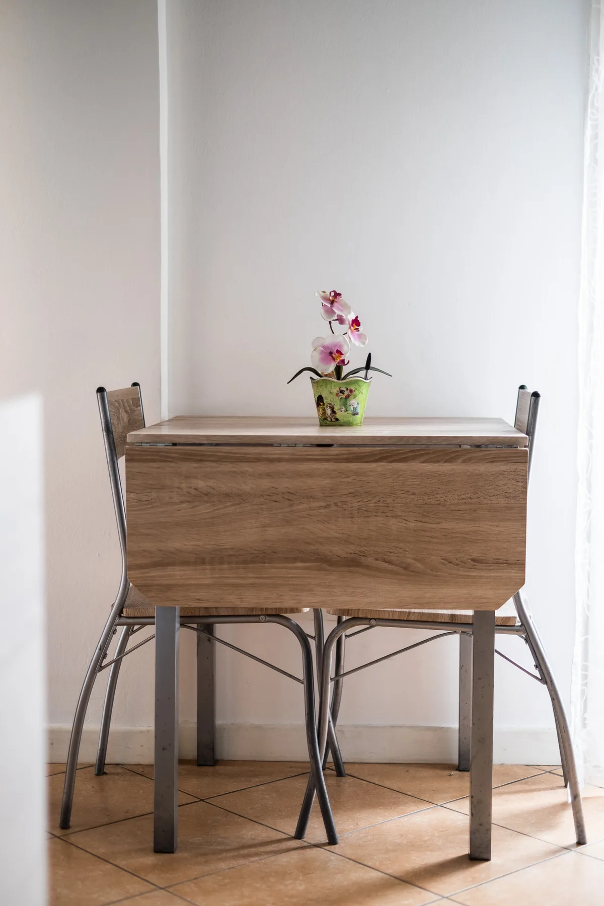 Una pequeña mesa de comedor con sillas y una orquídea en maceta está junto a una pared blanca.
