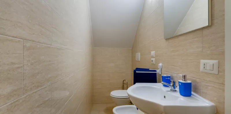Un baño alicatado con lavabo, espejo e inodoro.