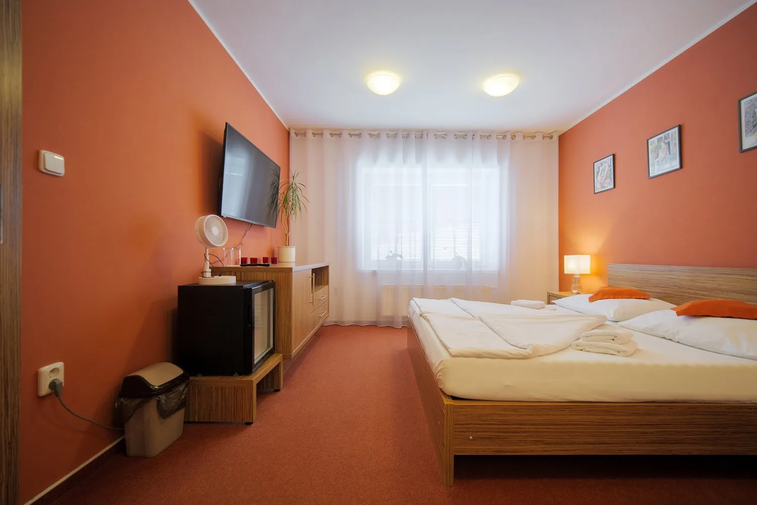 Habitación de hotel con cama doble y televisión