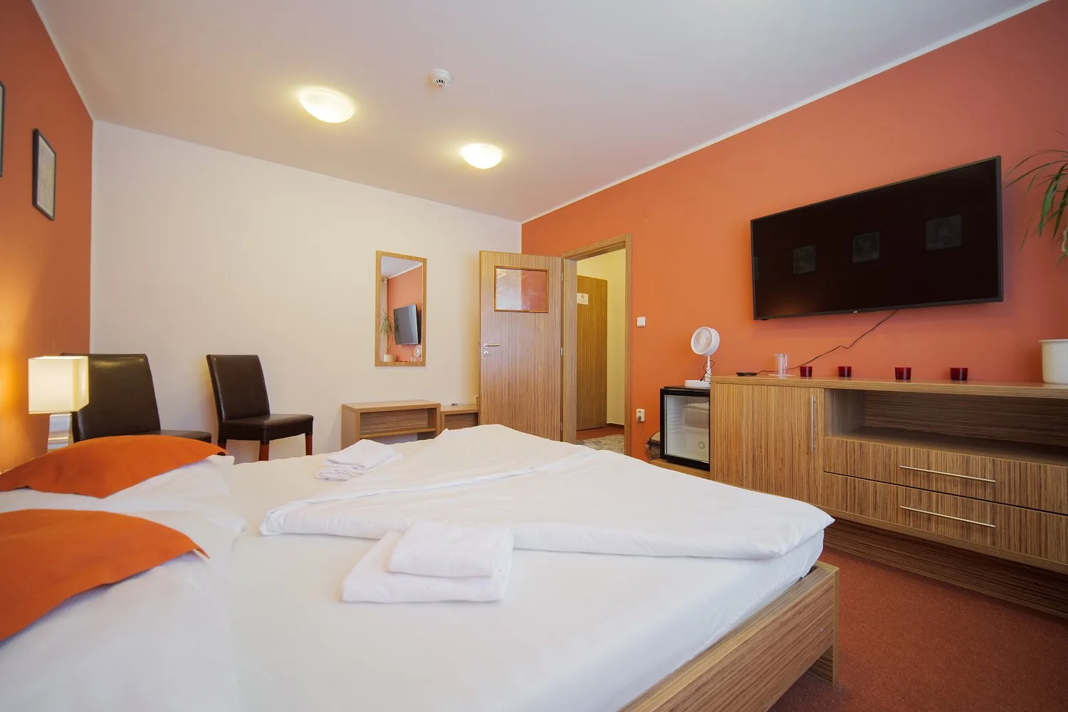 Habitación amplia con cama doble y televisión