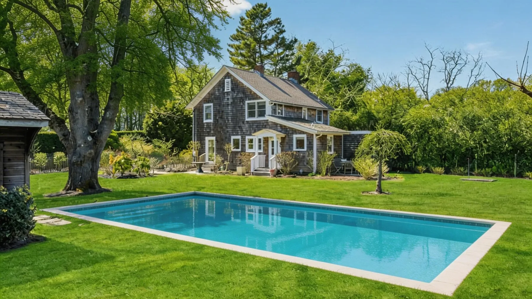 Una piscina rectangular se encuentra en un césped junto a una casa de dos plantas.