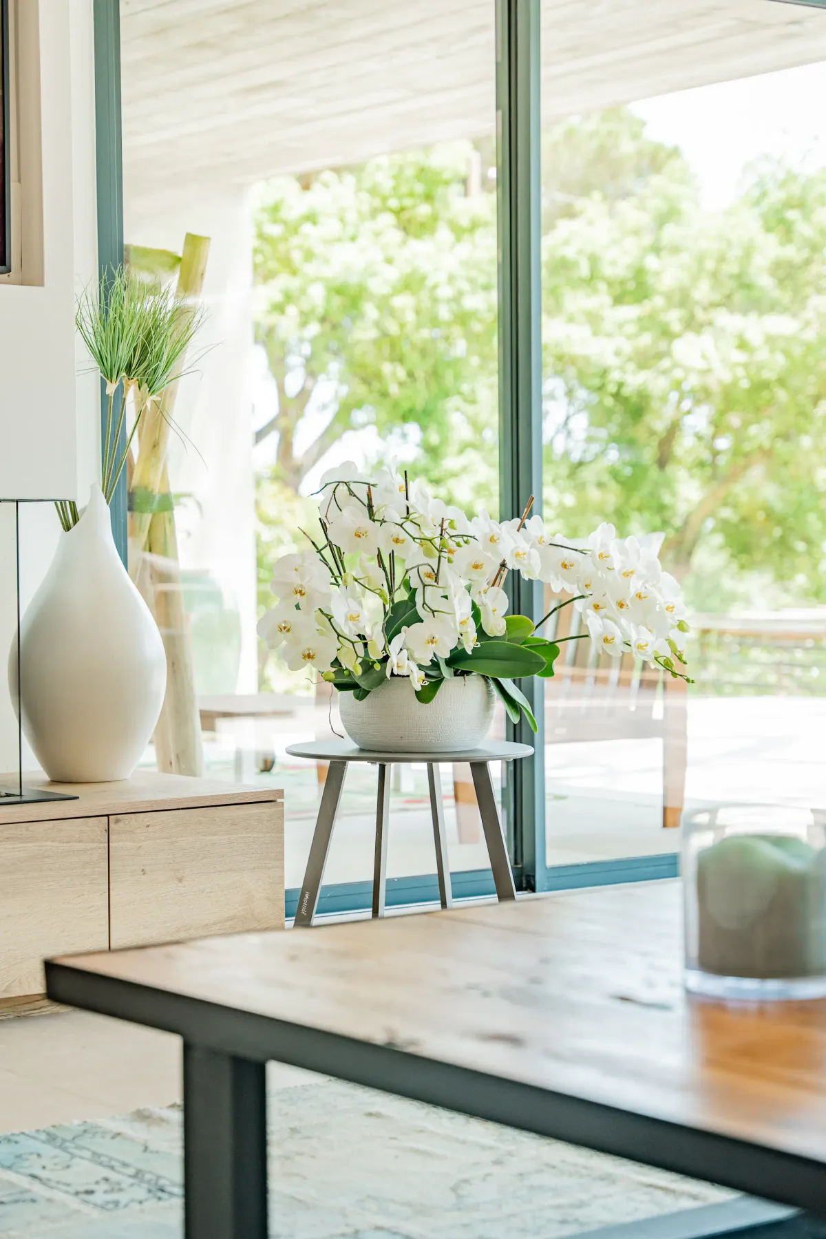 Una luminosa zona interior de estar con una orquídea en flor junto a grandes puertas de vidrio.